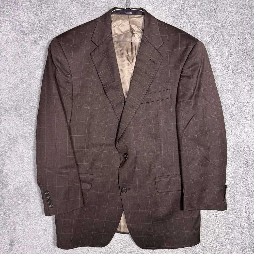 Hart Schaffner Marx Sport Coat Mens 42S Windowpane Wool USA Chocolate Brown